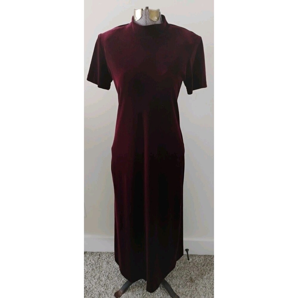 Vtg Burgundy Velour Maxi Dress Velvet Mock Neck Short Sleeve y2K Grunge sz S